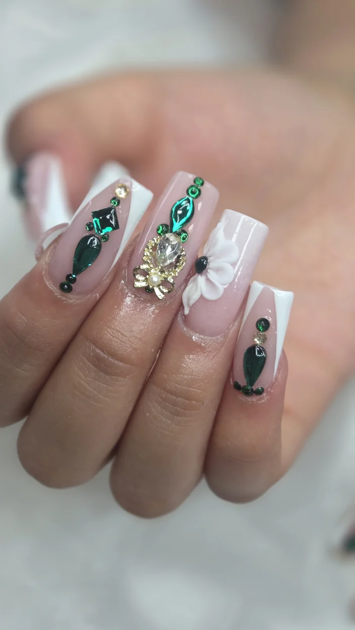 Diseño floral con detalles verdes. Trabajo de Nails Spa by Ela.